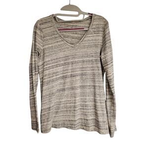 Women's Eddie Bauer Gray Stripe V-Neck Long Sleeve Cotton Tee | Size Medium